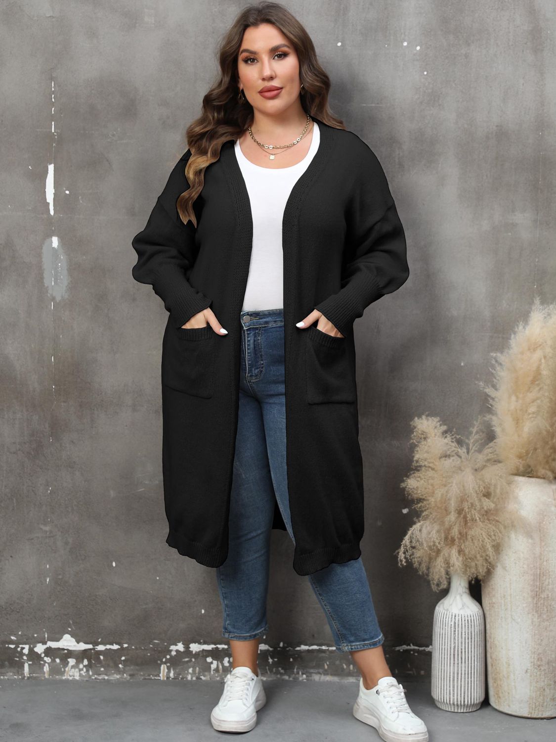 Plus Size Long Sleeve Pocketed Cardigan - Tote and Lounge