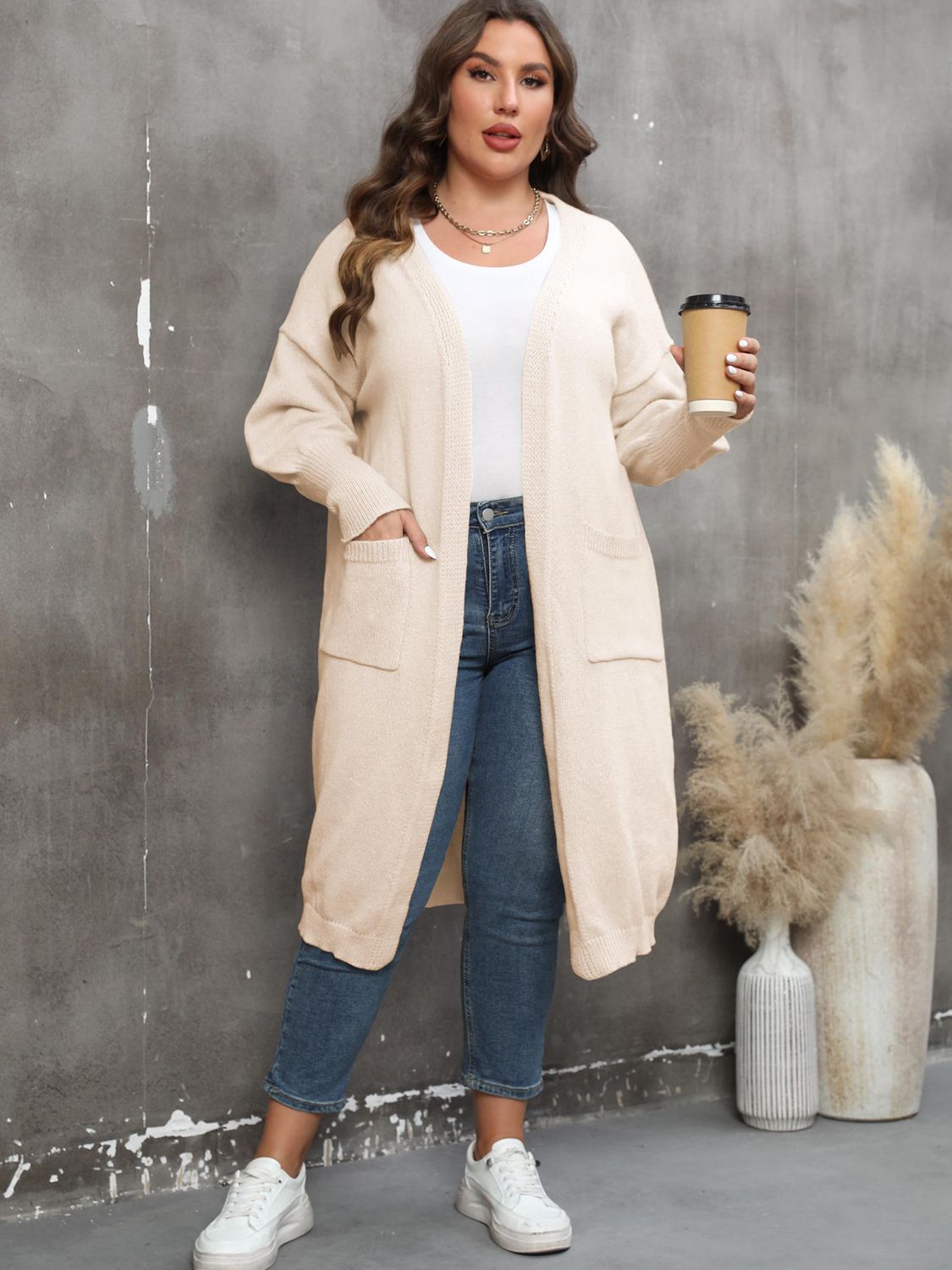 Plus Size Long Sleeve Pocketed Cardigan - Tote and Lounge