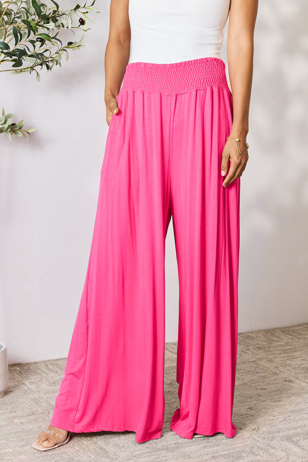 Double Take Full Size Smocked Wide Waistband Wide Leg Pants - Tote and Lounge