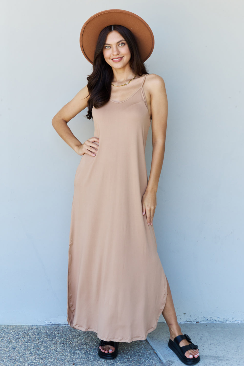 Ninexis Good Energy Full Size Cami Side Slit Maxi Dress in Camel - Tote and Lounge