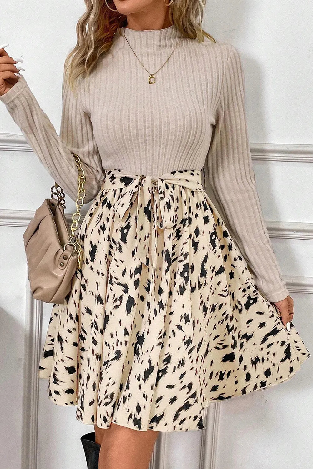 Tied Printed Mock Neck Long Sleeve Dress - Tote and Lounge