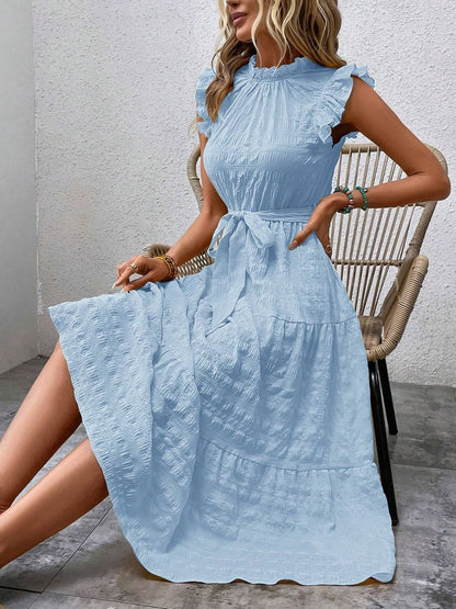 Tied Ruffled Cap Sleeve Midi Dress - Tote and Lounge