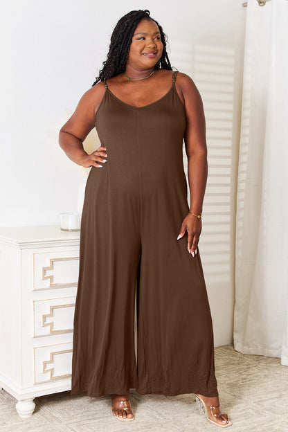 Double Take Full Size Soft Rayon Spaghetti Strap Tied Wide Leg Jumpsuit - Tote and Lounge