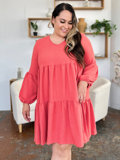 Double Take Full Size V-Neck Balloon Sleeve Tiered Dress with Pockets - Tote and Lounge