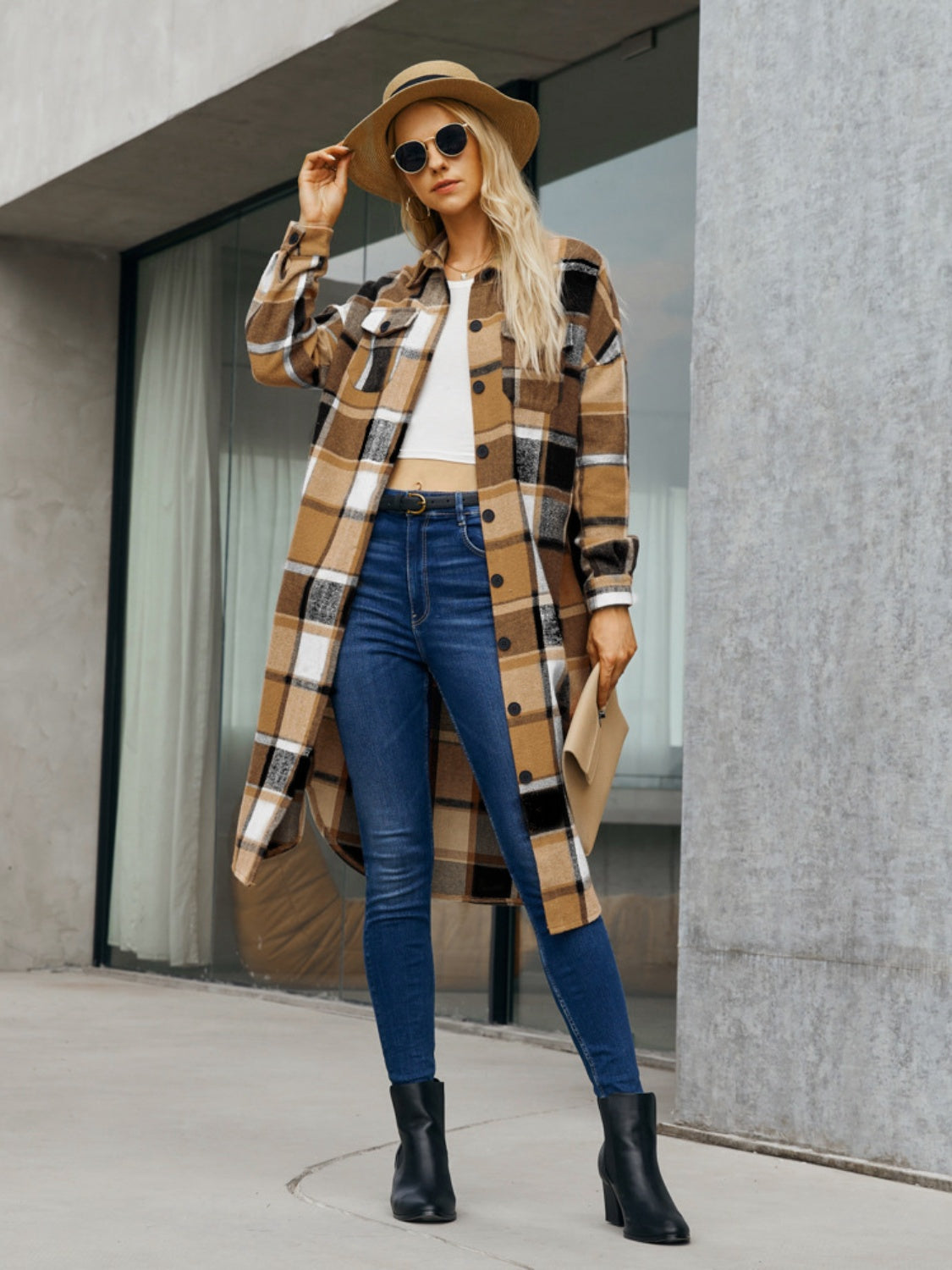 Plaid Pocketed Button Up Trench Coat - Tote and Lounge