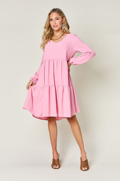 Double Take Full Size V-Neck Balloon Sleeve Tiered Dress with Pockets - Tote and Lounge