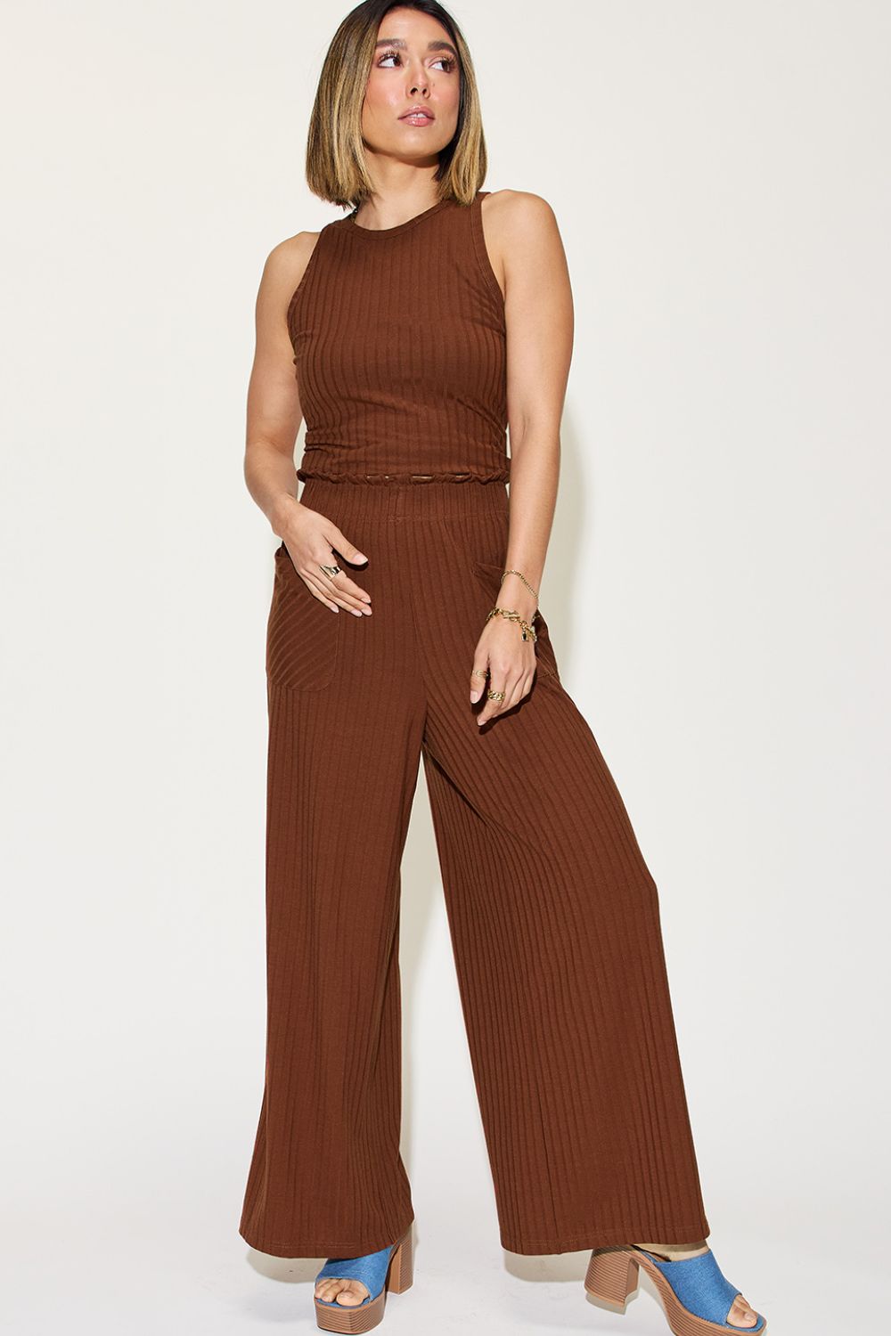 Basic Bae Full Size Ribbed Tank and Wide Leg Pants Set - Tote and Lounge