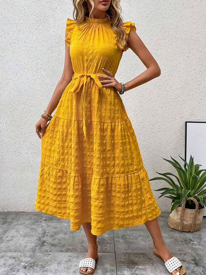 Tied Ruffled Cap Sleeve Midi Dress - Tote and Lounge