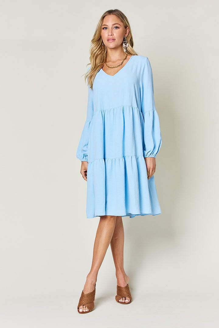 Double Take Full Size V-Neck Balloon Sleeve Tiered Dress with Pockets - Tote and Lounge