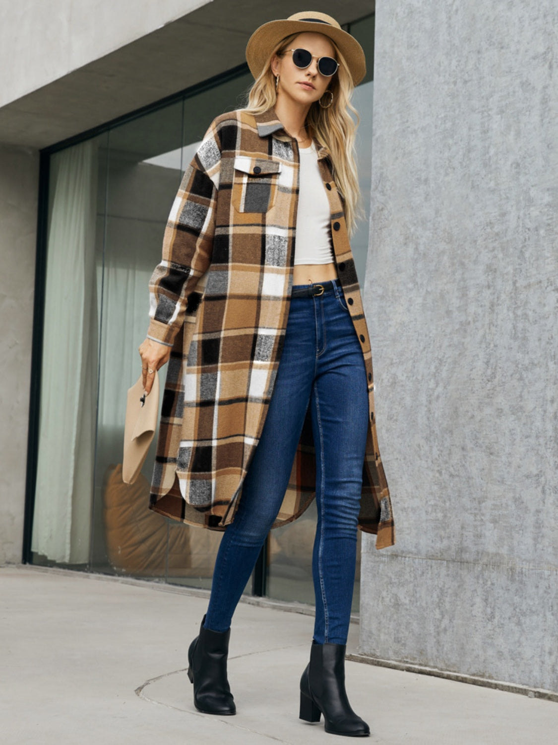 Plaid Pocketed Button Up Trench Coat - Tote and Lounge