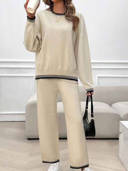 Round Neck Dropped Shoulder Top and Pants Sweater Set - Tote and Lounge