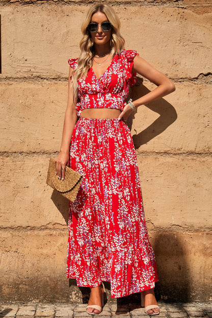 Printed Tie Back Cropped Top and Maxi Skirt Set - Tote and Lounge