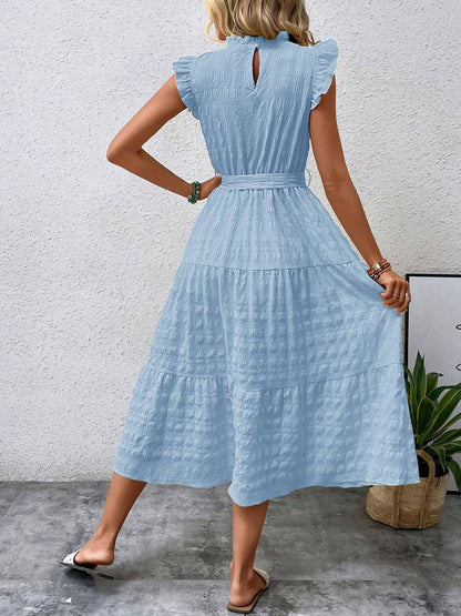 Tied Ruffled Cap Sleeve Midi Dress - Tote and Lounge