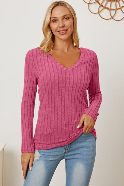 Basic Bae Full Size Ribbed V-Neck Long Sleeve T-Shirt - Tote and Lounge