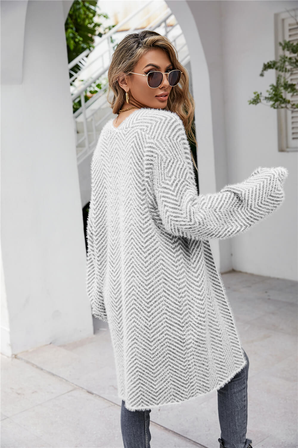 Herringbone Pattern Open Front Longline Fuzzy Cardigan - Tote and Lounge