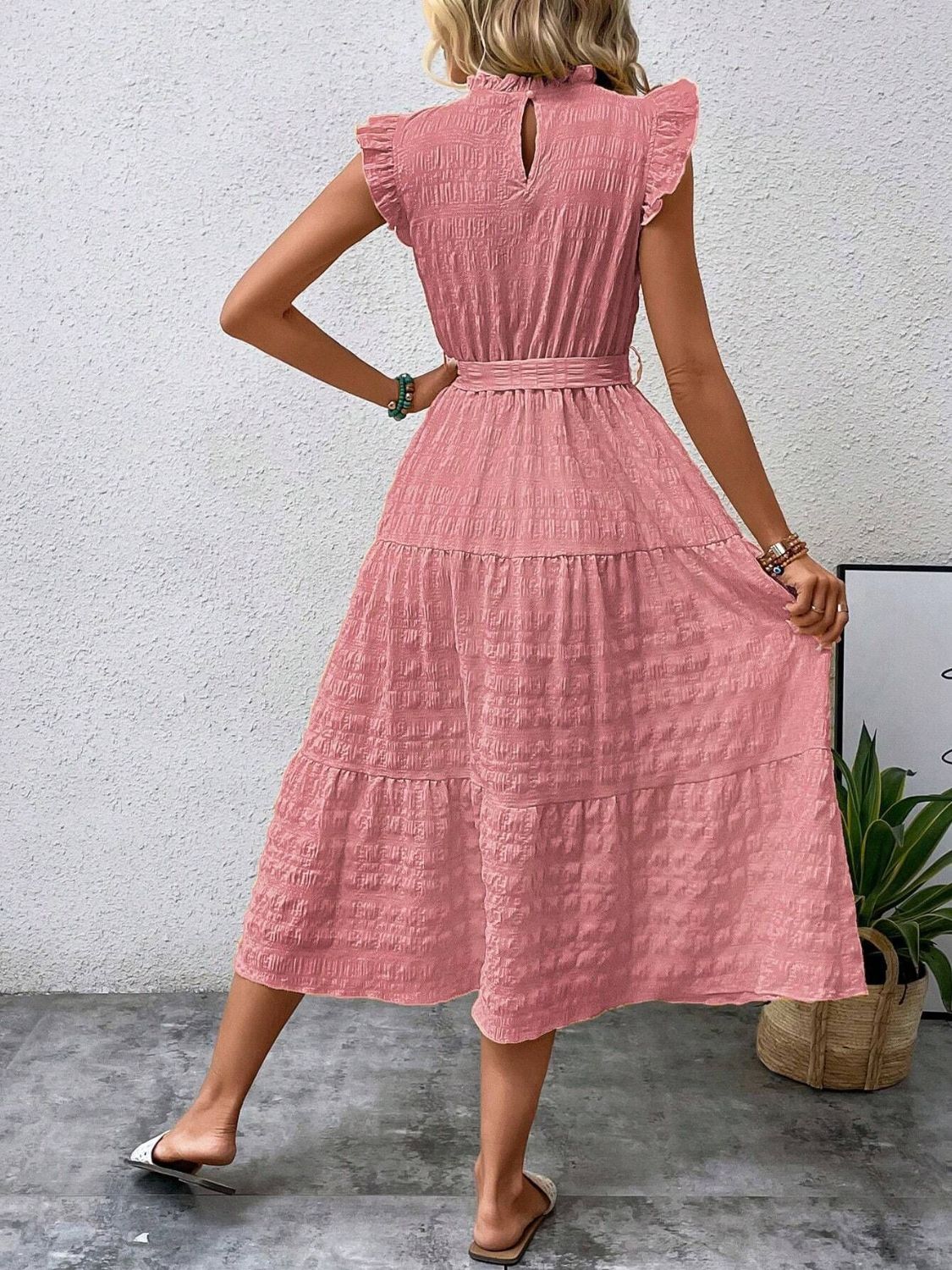 Tied Ruffled Cap Sleeve Midi Dress - Tote and Lounge