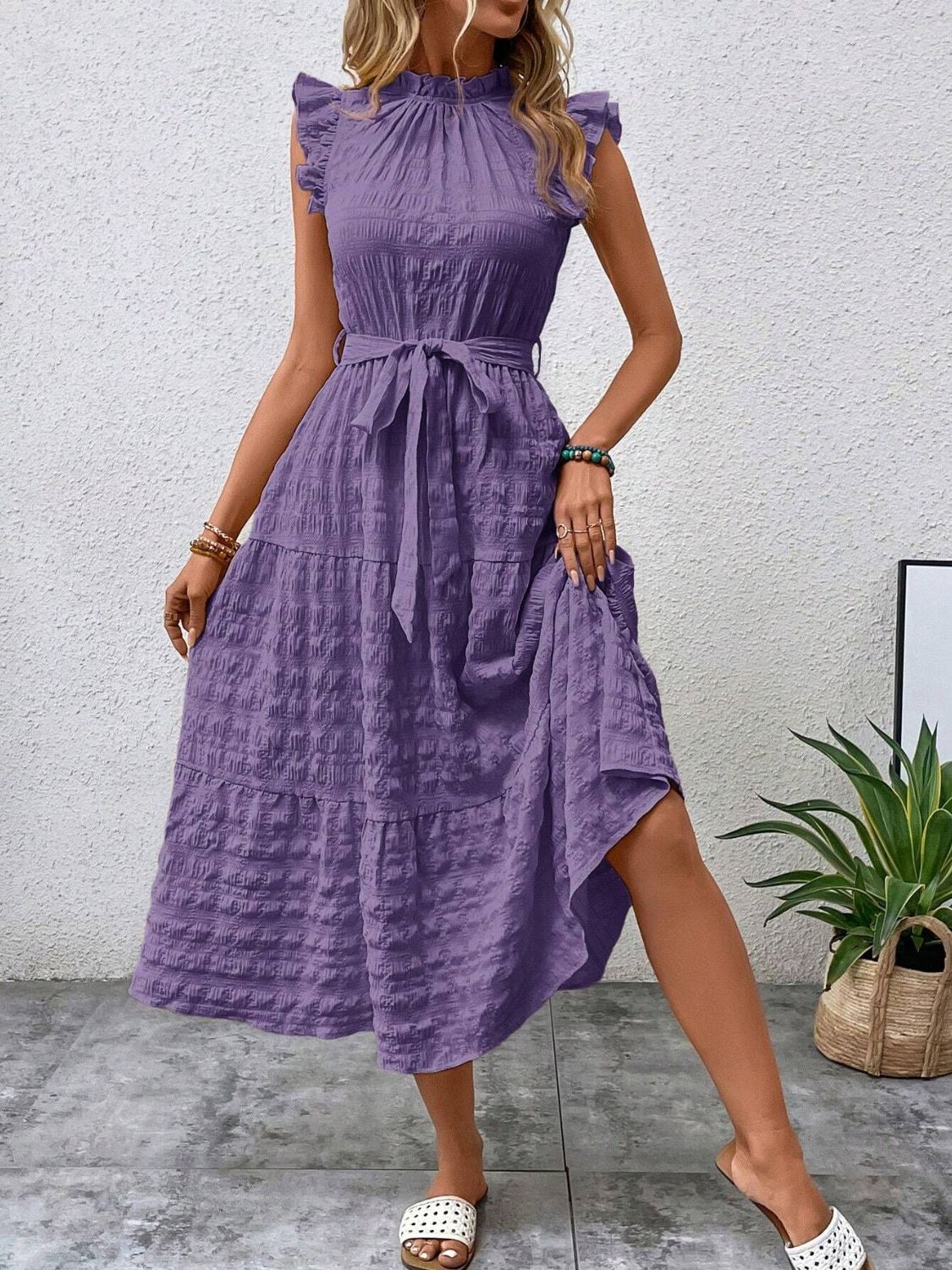 Tied Ruffled Cap Sleeve Midi Dress - Tote and Lounge