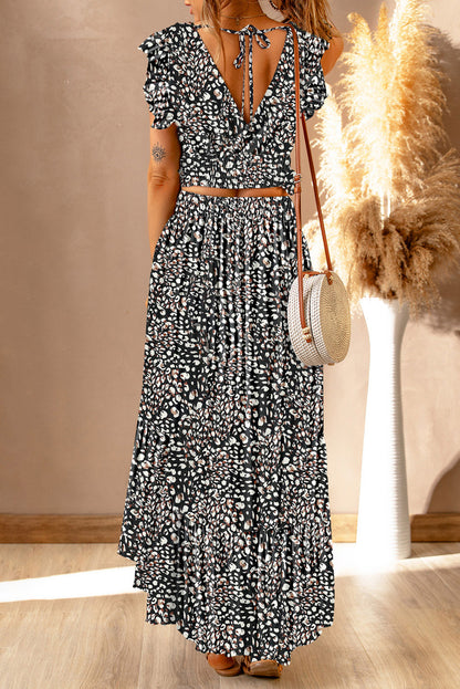 Printed Tie Back Cropped Top and Maxi Skirt Set - Tote and Lounge