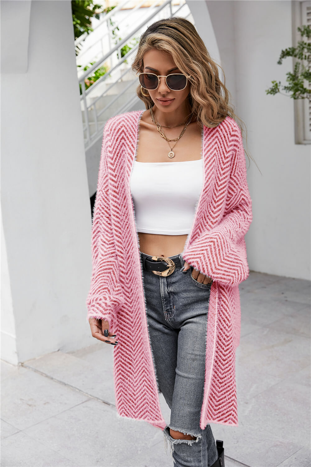 Herringbone Pattern Open Front Longline Fuzzy Cardigan - Tote and Lounge