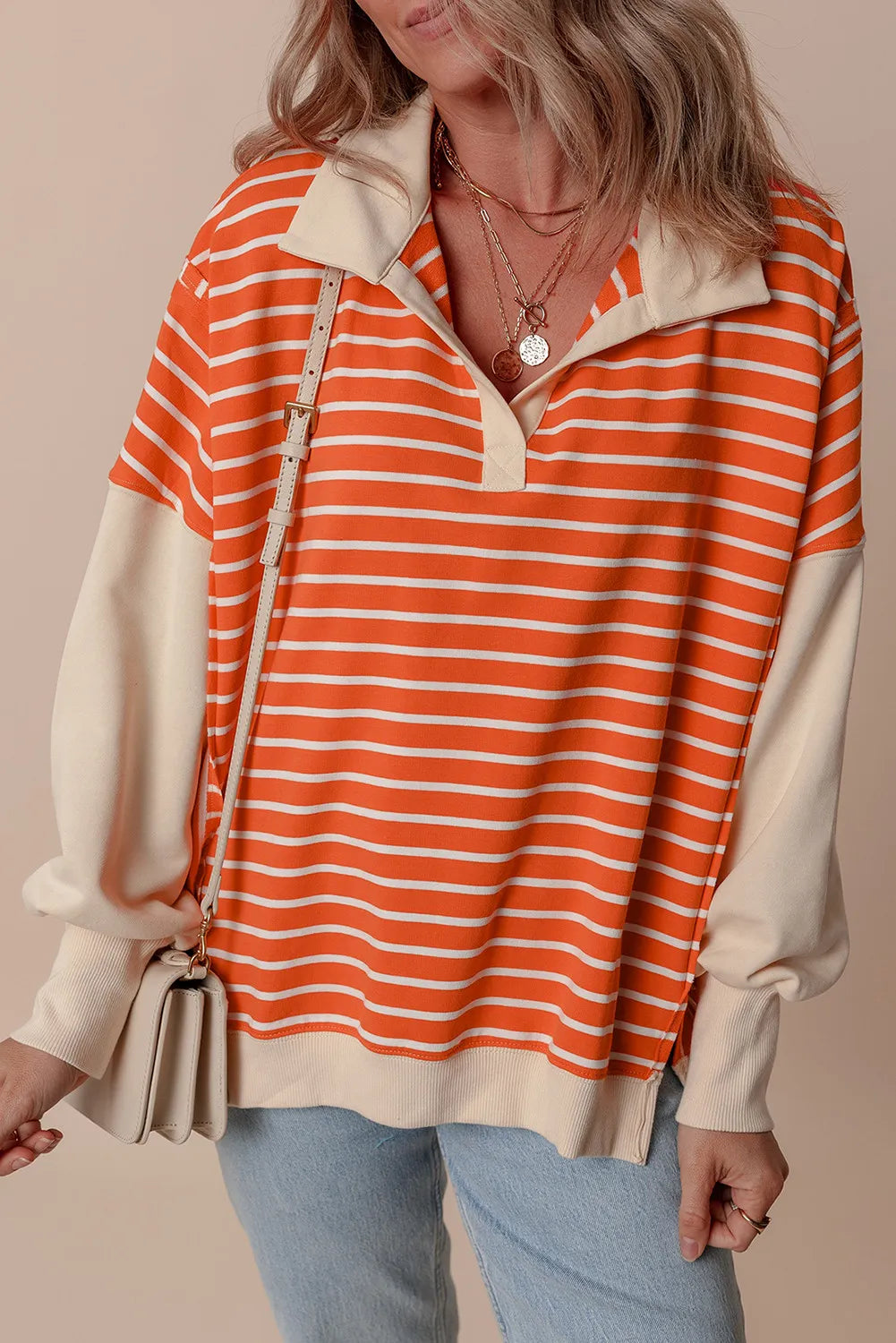 Slit Striped Long Sleeve Sweatshirt - Tote and Lounge