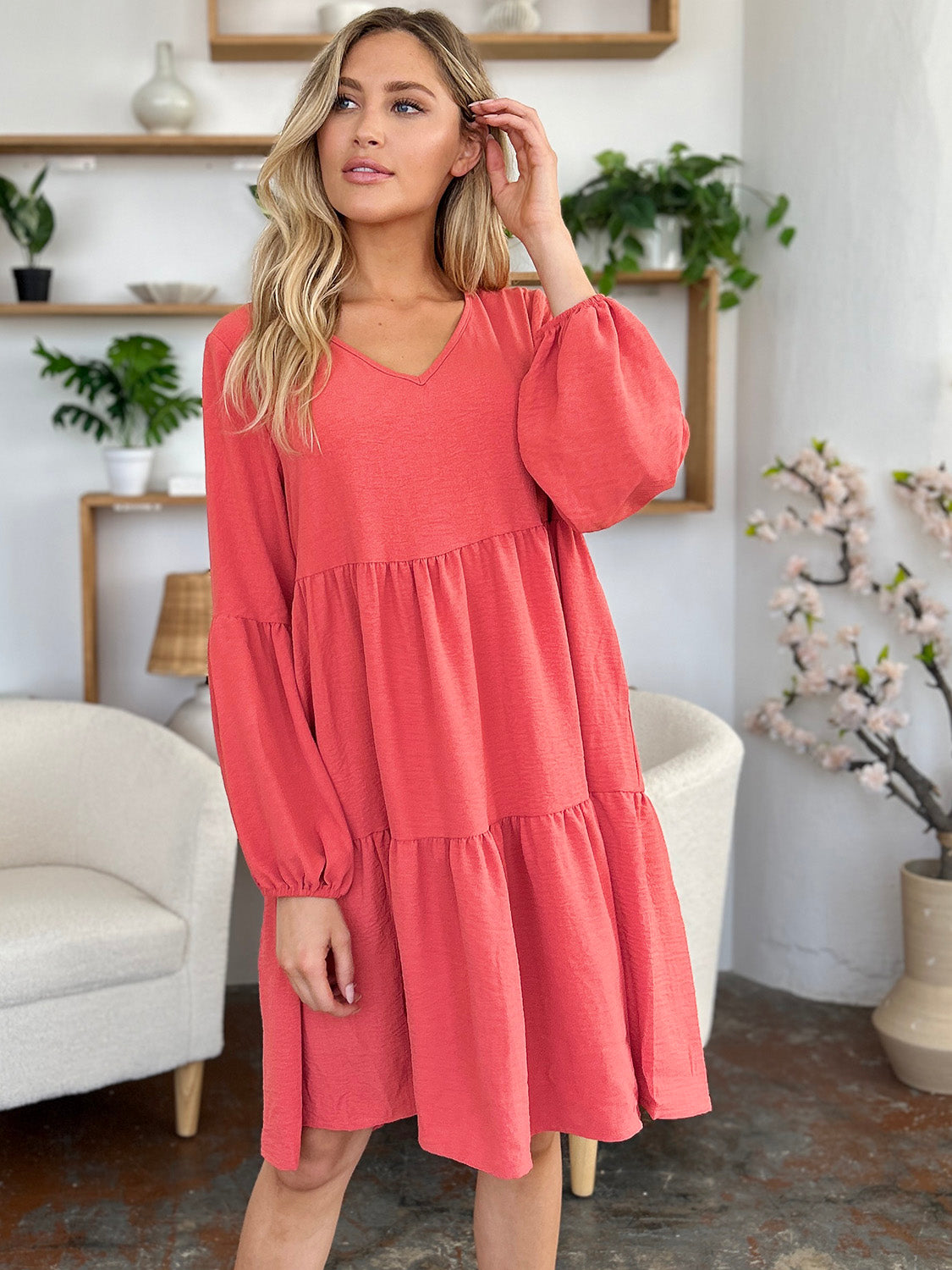 Double Take Full Size V-Neck Balloon Sleeve Tiered Dress with Pockets - Tote and Lounge