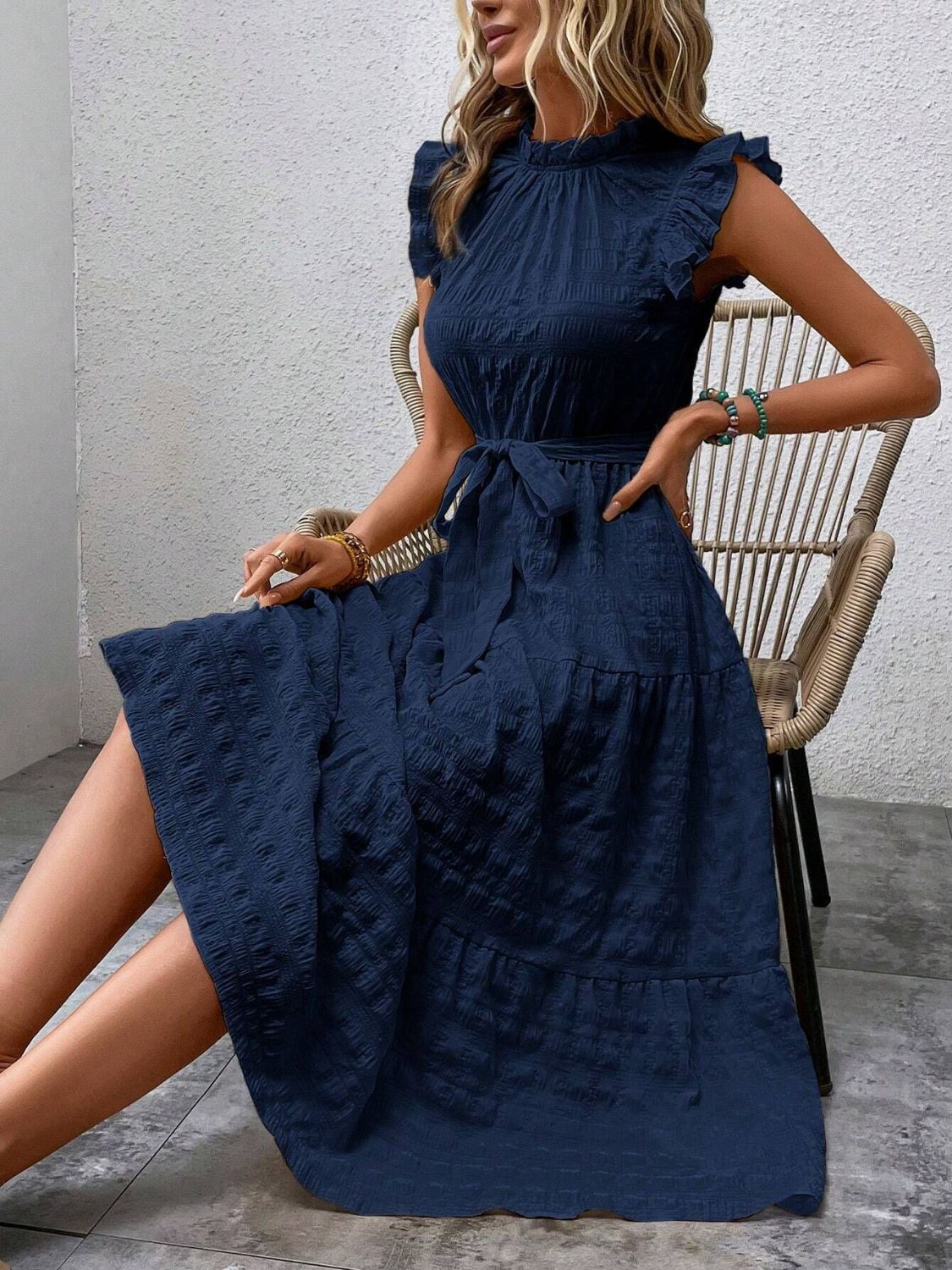 Tied Ruffled Cap Sleeve Midi Dress - Tote and Lounge