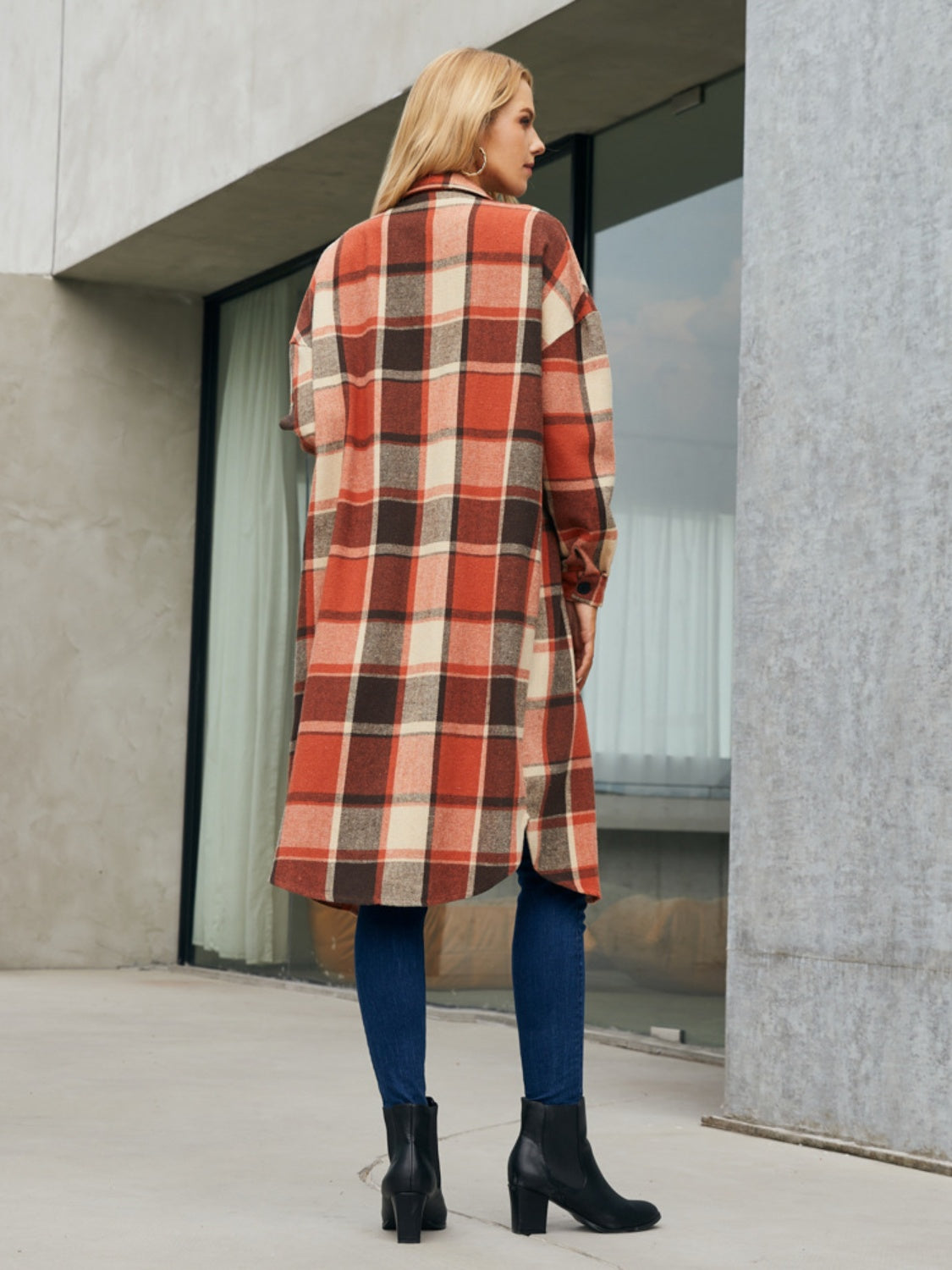 Plaid Pocketed Button Up Trench Coat - Tote and Lounge