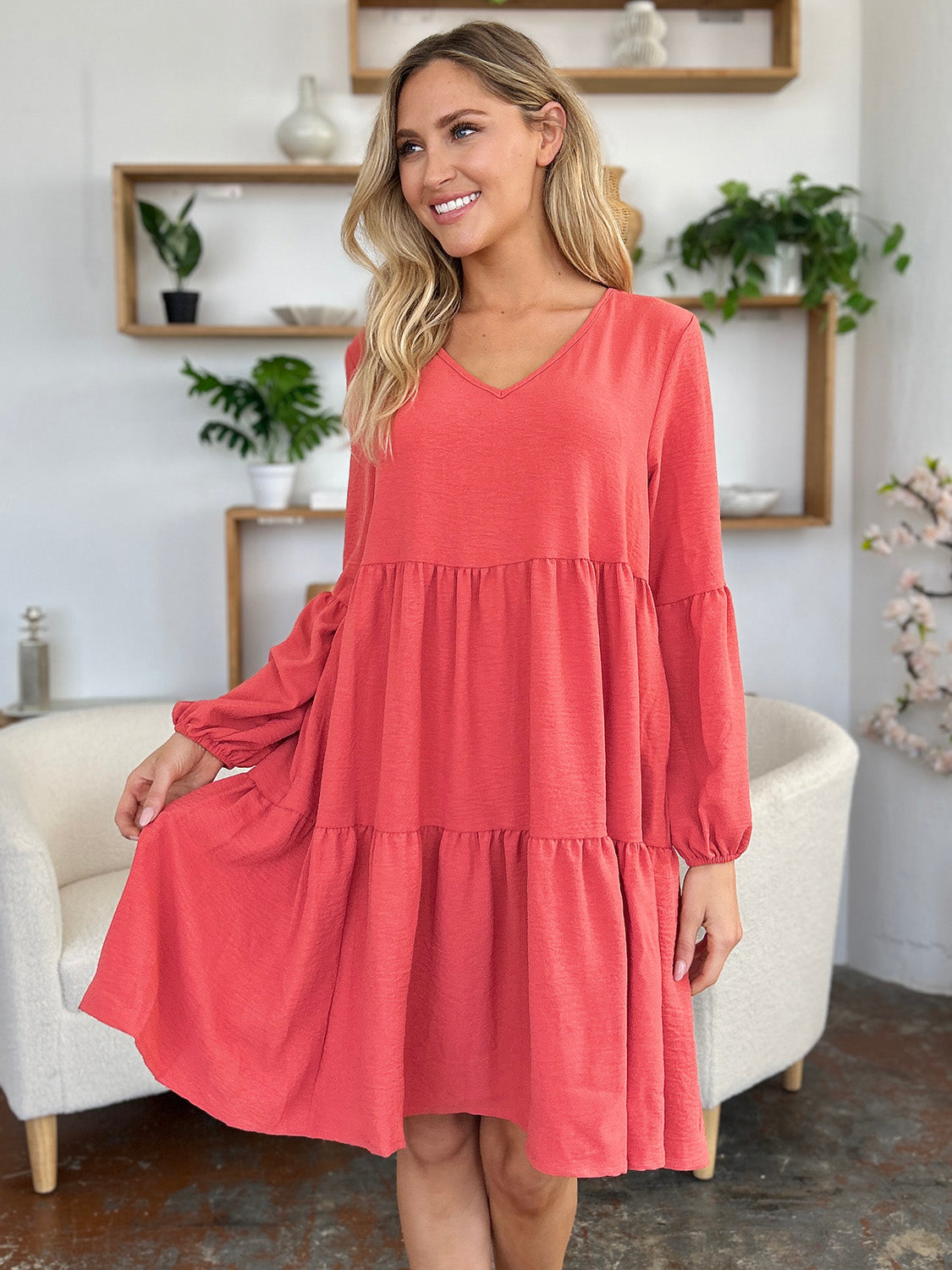 Double Take Full Size V-Neck Balloon Sleeve Tiered Dress with Pockets - Tote and Lounge