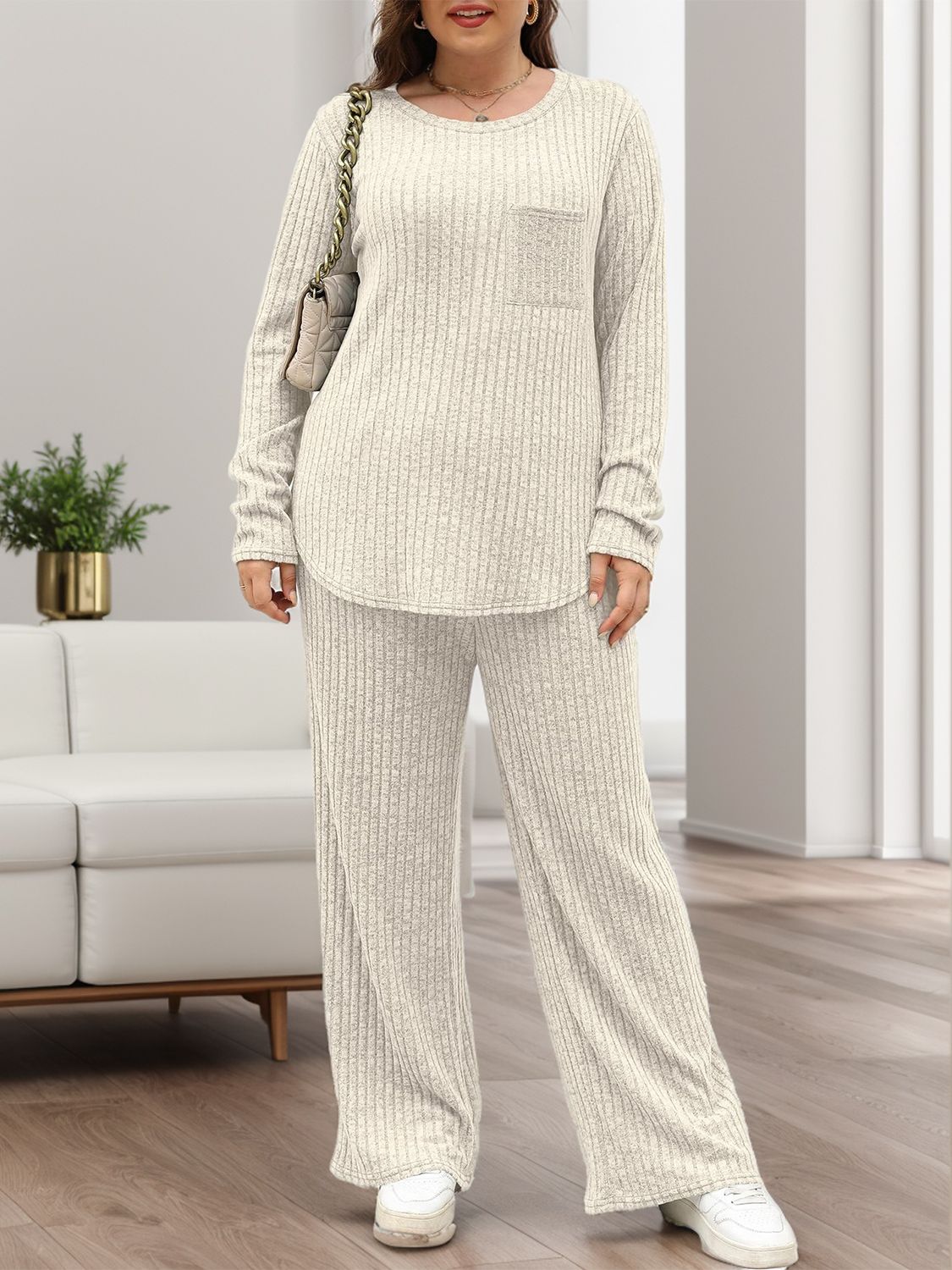 Round Neck Long Sleeve Top and Pants Set