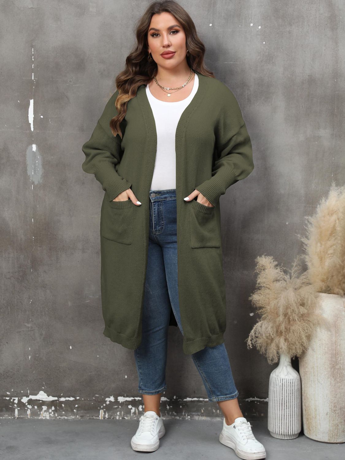 Plus Size Long Sleeve Pocketed Cardigan - Tote and Lounge