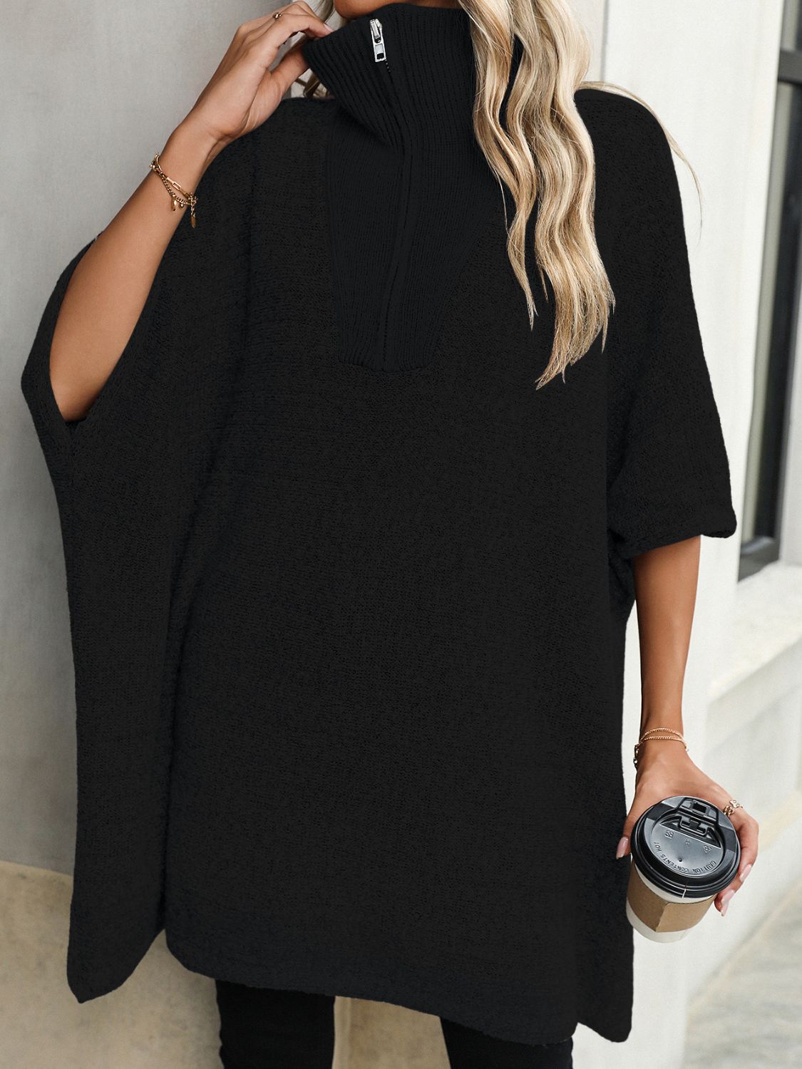 Slit Quarter Zip Half Sleeve Sweater - Tote and Lounge