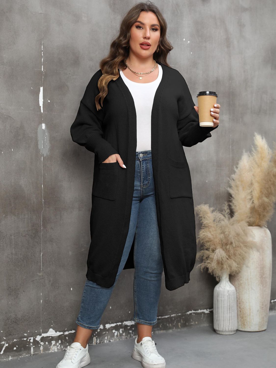 Plus Size Long Sleeve Pocketed Cardigan - Tote and Lounge