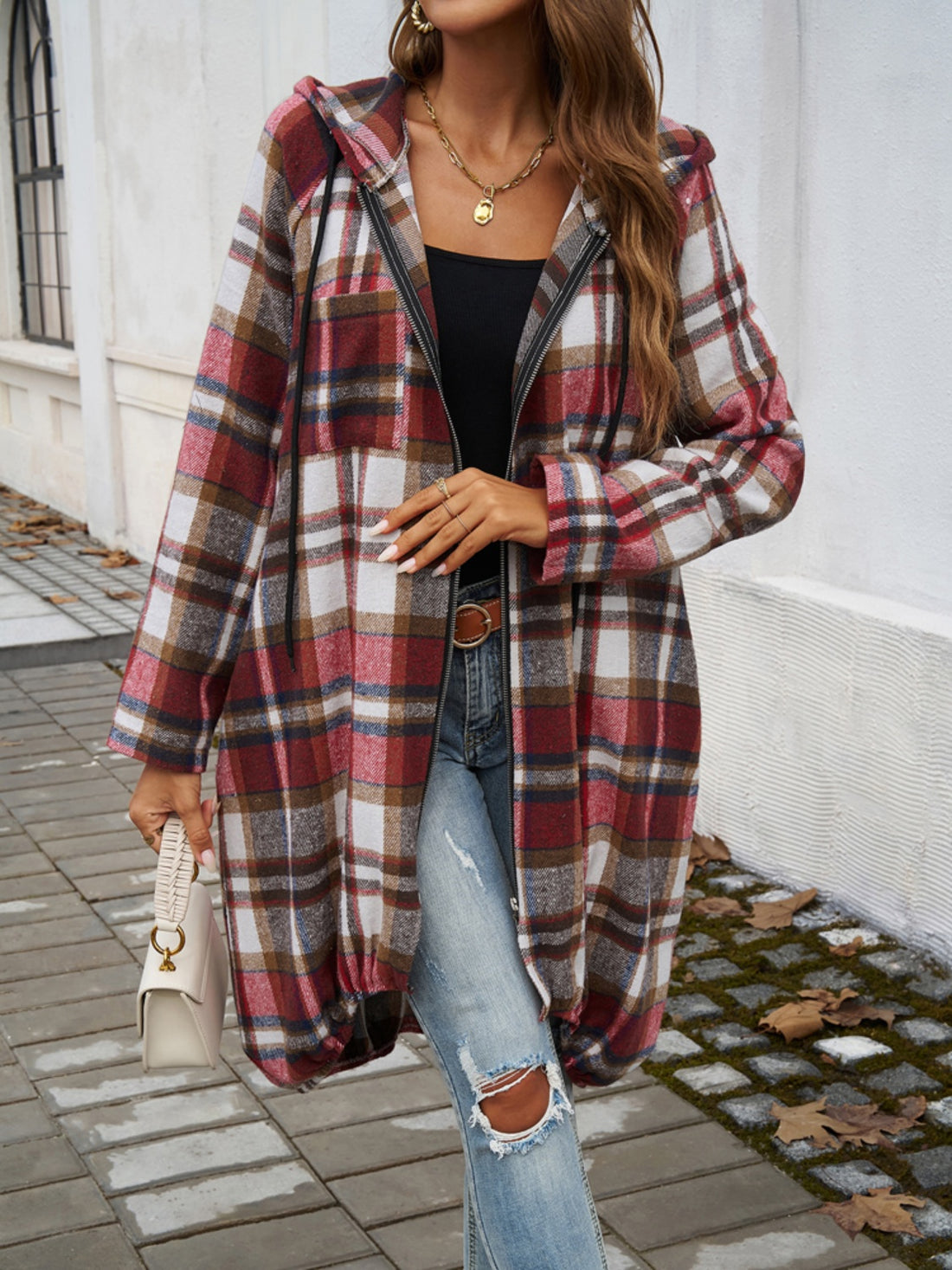 Plaid Zip Up Hooded Coat - Tote and Lounge