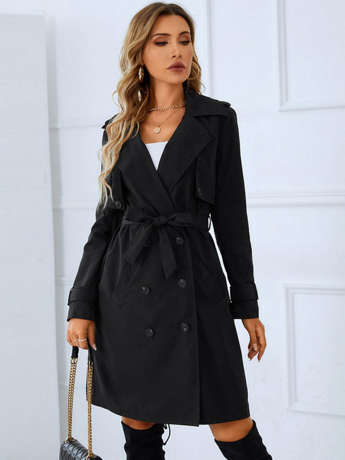 Lapel Collar Tie Belt Double-Breasted Trench Coat - Tote and Lounge