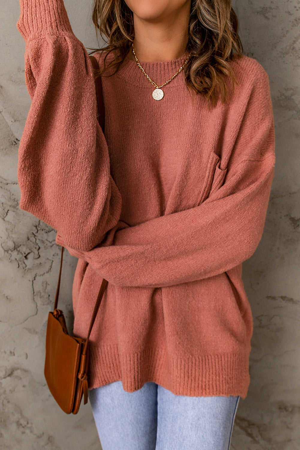 Ribbed Trim Lantern Sleeve Pocketed Sweater - Tote and Lounge