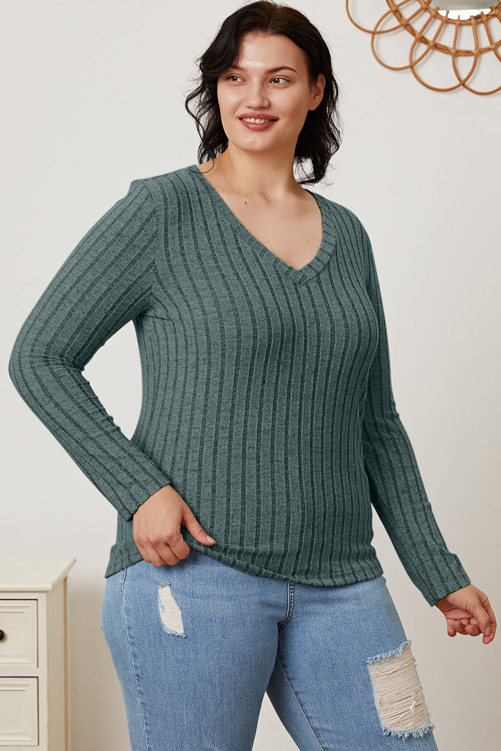 Basic Bae Full Size Ribbed V-Neck Long Sleeve T-Shirt - Tote and Lounge