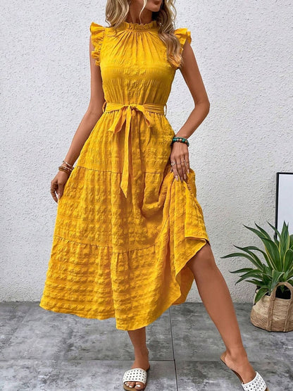 Tied Ruffled Cap Sleeve Midi Dress - Tote and Lounge