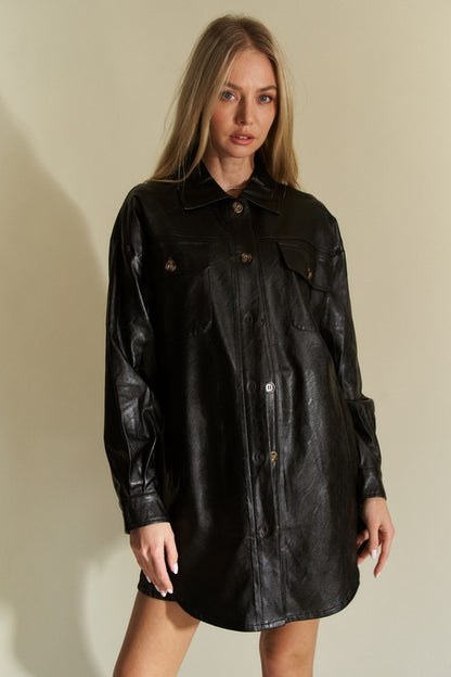 Davi &amp; Dani Faux Leather Button Up Jacket with Chest Pockets