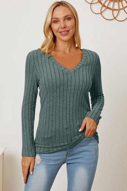 Basic Bae Full Size Ribbed V-Neck Long Sleeve T-Shirt - Tote and Lounge