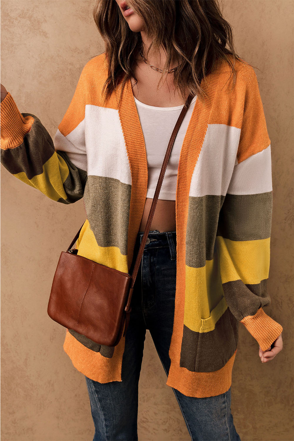 Color Block Lantern Sleeve Open Front Cardigan with Pockets - Tote and Lounge