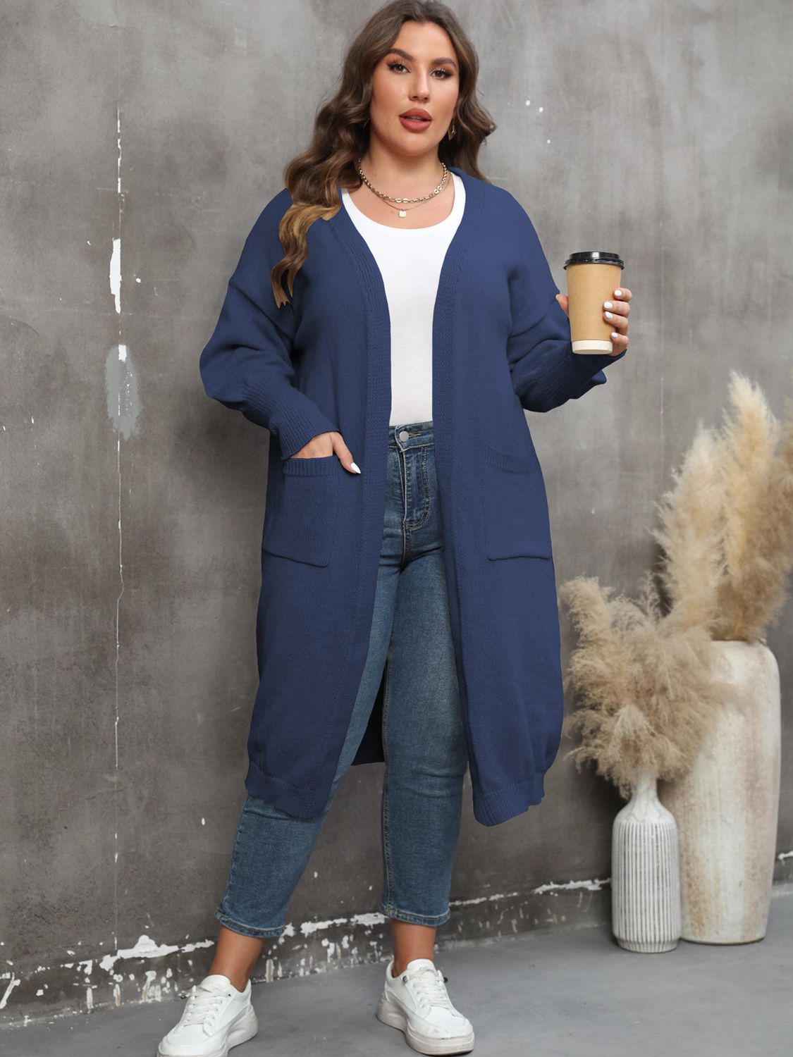 Plus Size Long Sleeve Pocketed Cardigan - Tote and Lounge