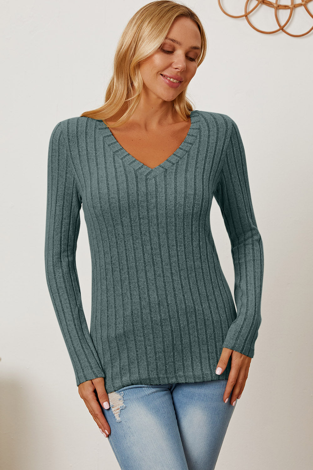 Basic Bae Full Size Ribbed V-Neck Long Sleeve T-Shirt - Tote and Lounge