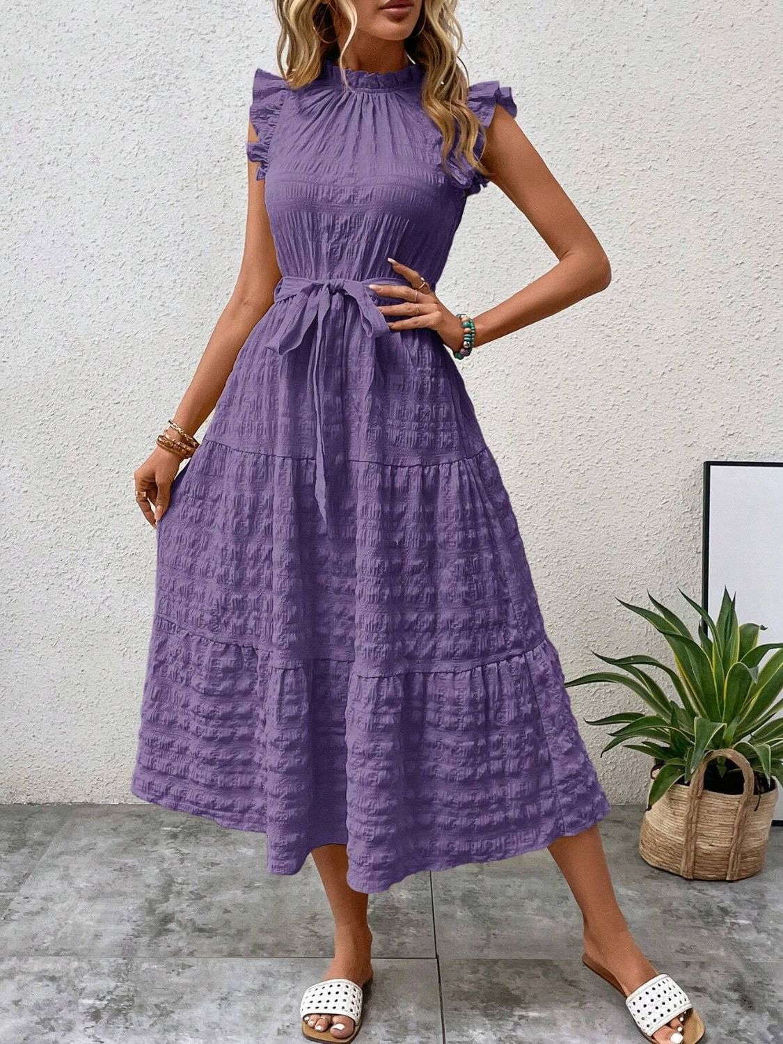 Tied Ruffled Cap Sleeve Midi Dress - Tote and Lounge