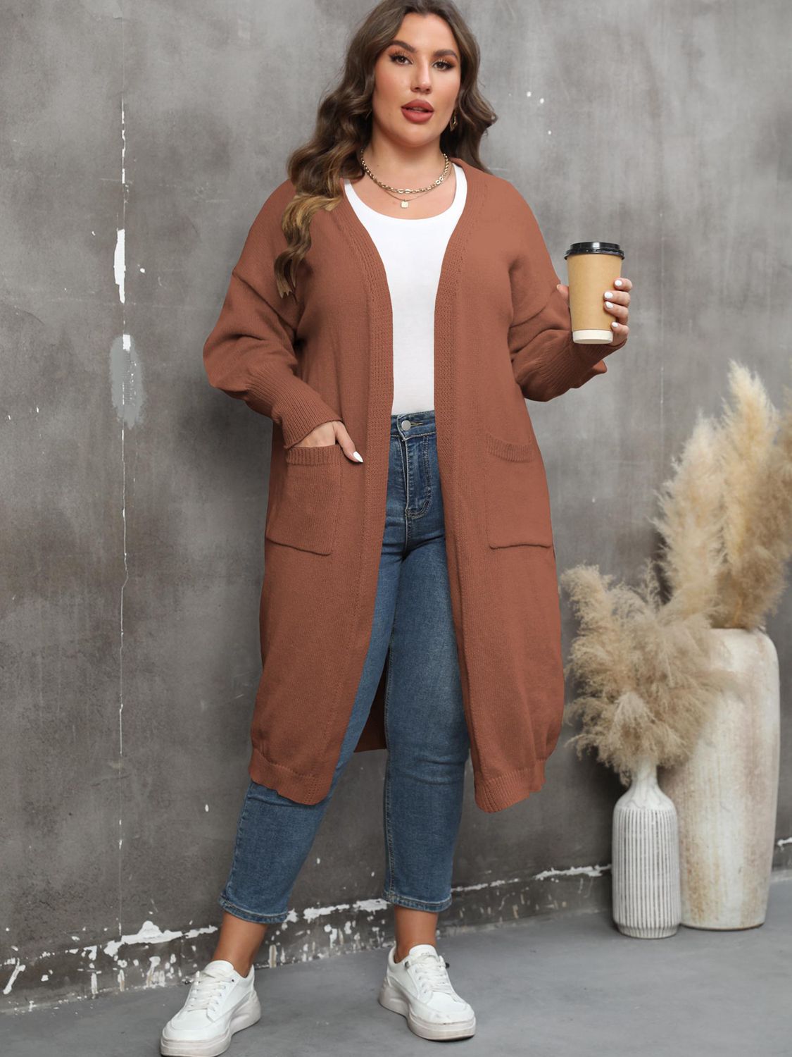 Plus Size Long Sleeve Pocketed Cardigan - Tote and Lounge