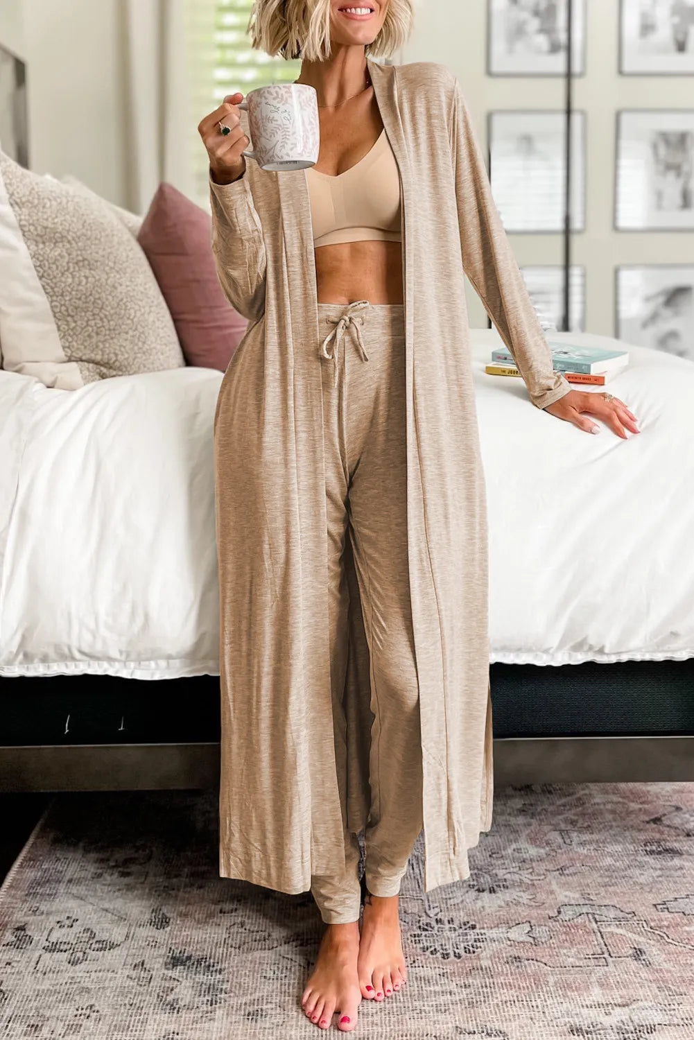 Open Front Long Sleeve Cardigan and Pants Lounge Set - Tote and Lounge