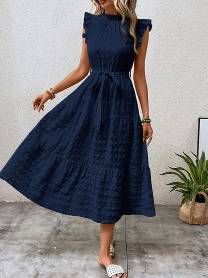 Tied Ruffled Cap Sleeve Midi Dress - Tote and Lounge