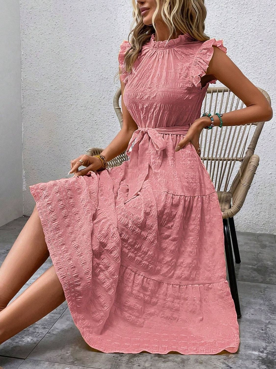 Tied Ruffled Cap Sleeve Midi Dress - Tote and Lounge