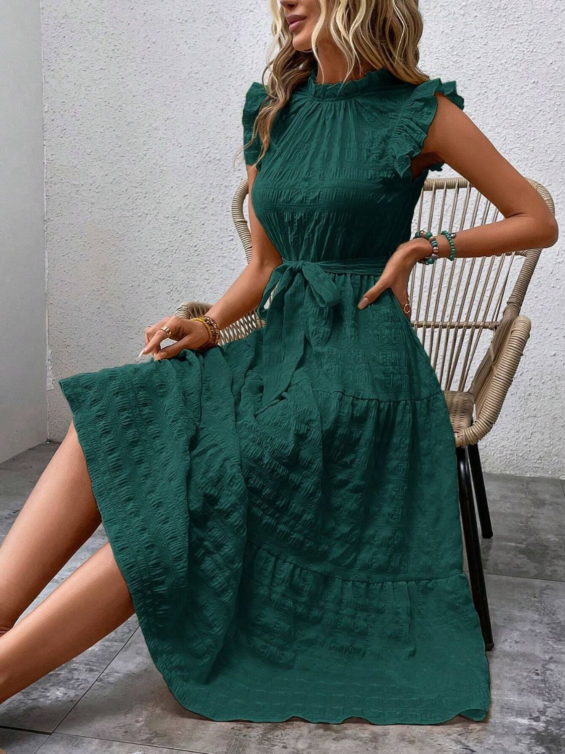 Tied Ruffled Cap Sleeve Midi Dress - Tote and Lounge