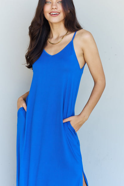 Ninexis Good Energy Full Size Cami Side Slit Maxi Dress in Royal Blue - Tote and Lounge