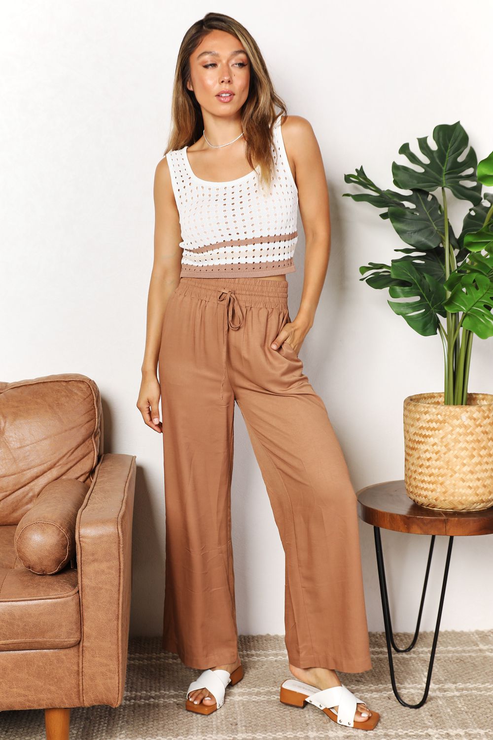 Double Take Drawstring Smocked Waist Wide Leg Pants - Tote and Lounge